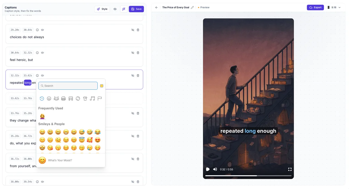 ShortFast caption words editor with the emoji picker open over a caption line