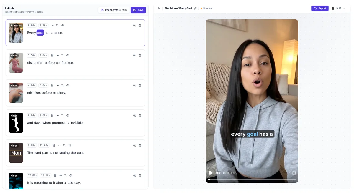 ShortFast editor with an AI presenter clip opening the timeline and the rendered vertical video beside it