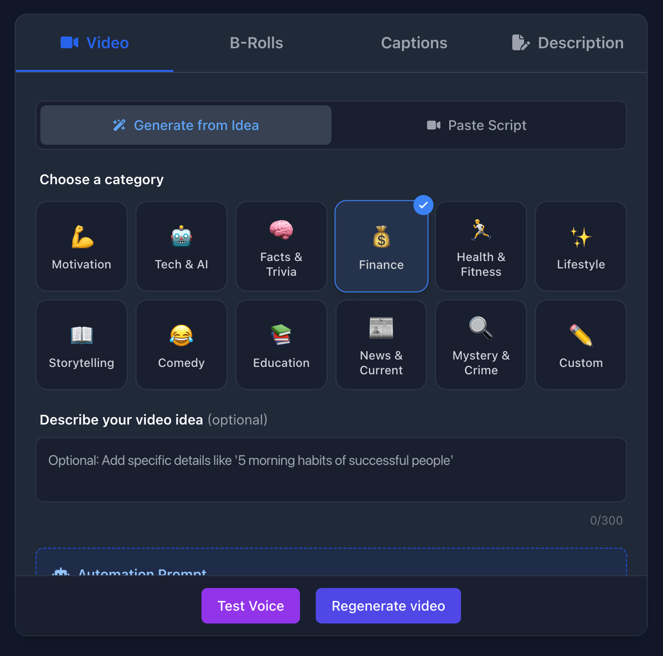 ShortFast AI Ideation - Choose from trending categories