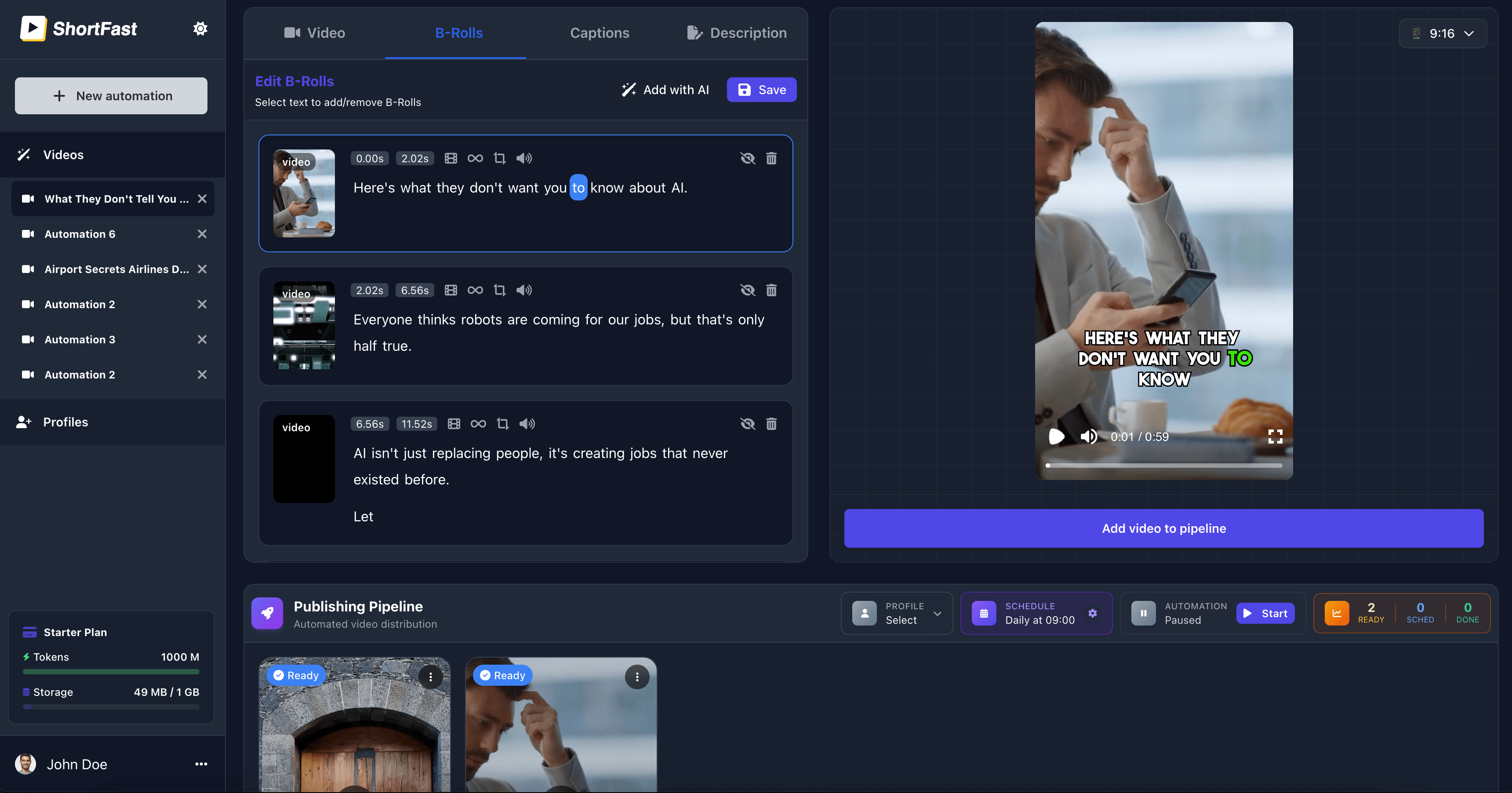 ShortFast Dashboard - Faceless video automation with real B-Roll footage